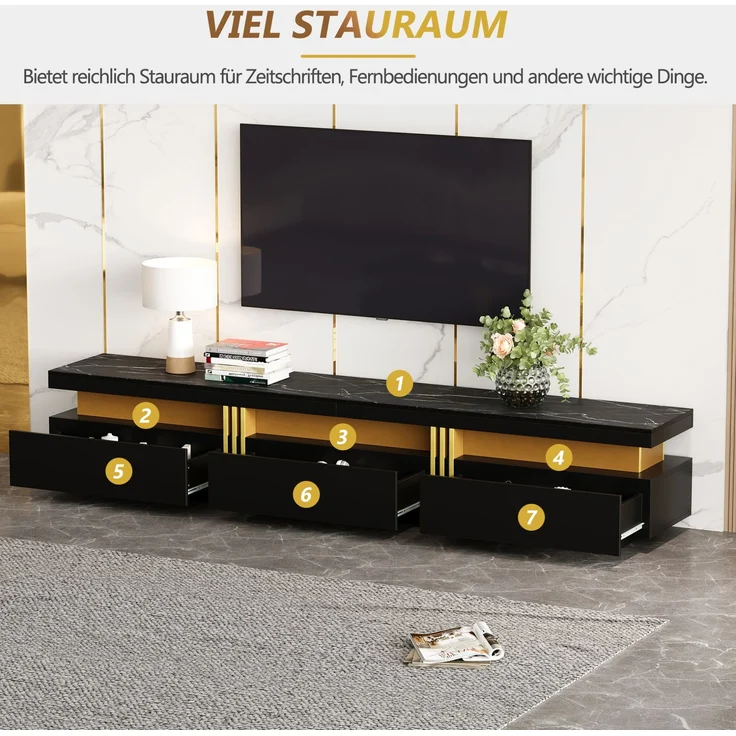 DESVIAE TV-Schrank-Set mit Couchtisch, 200x42x40 cm und 100x40x50 cm, Spanplatte, Schwarz, mit 5 Schubladen – Bild 4