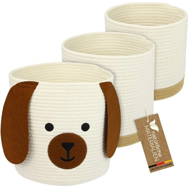 HMF Aufbewahrungskorb Aufbewahrungskorb mit versteckten Griffen (3er, Set), Korb für Kinderzimmer aus Baumwolle, Hund, Groß, Mittel, Klein – Bild 1