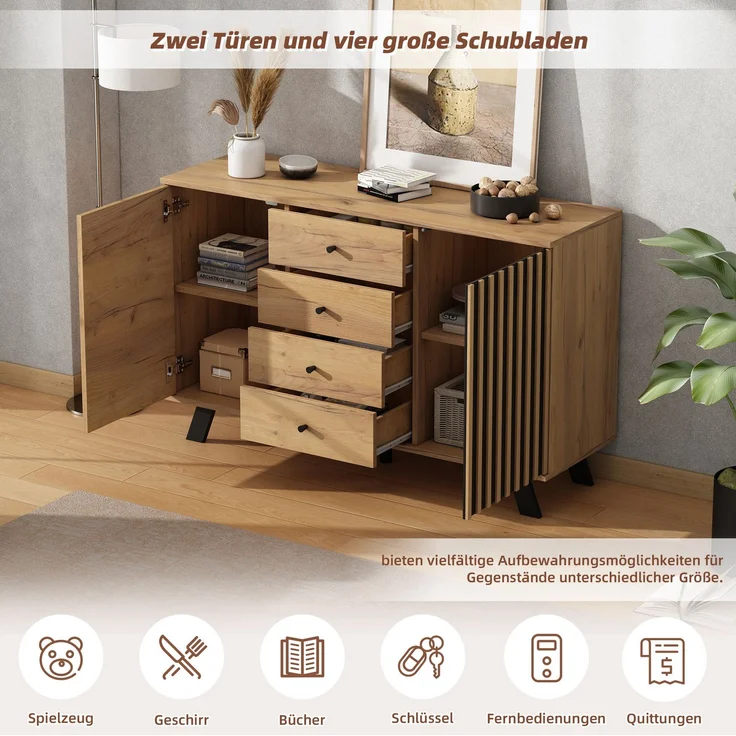 DESVIAE Sideboard mit 4 Schubladen und 2 Schränken 120x75x38 cm MDF Schwarz/Naturholz – Bild 6