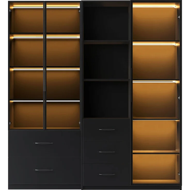 ZUBALIYA LED-Vitrine 140×40×160 cm – Bücherregal und Multifunktionsschrank mit Glas- und offenen Fächern, sanft schließenden Scharnieren, mehrfarbiger LED-Beleuchtung, staubdichter Glasvitrine,Bücherregal – Bild 8