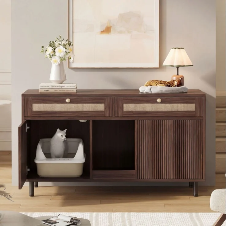 Katzentoilettenschrank 120 x 50 x 65 cm aus MDF mit Schublade und Sandfangmatte – nussbaumfarben – Bild 1