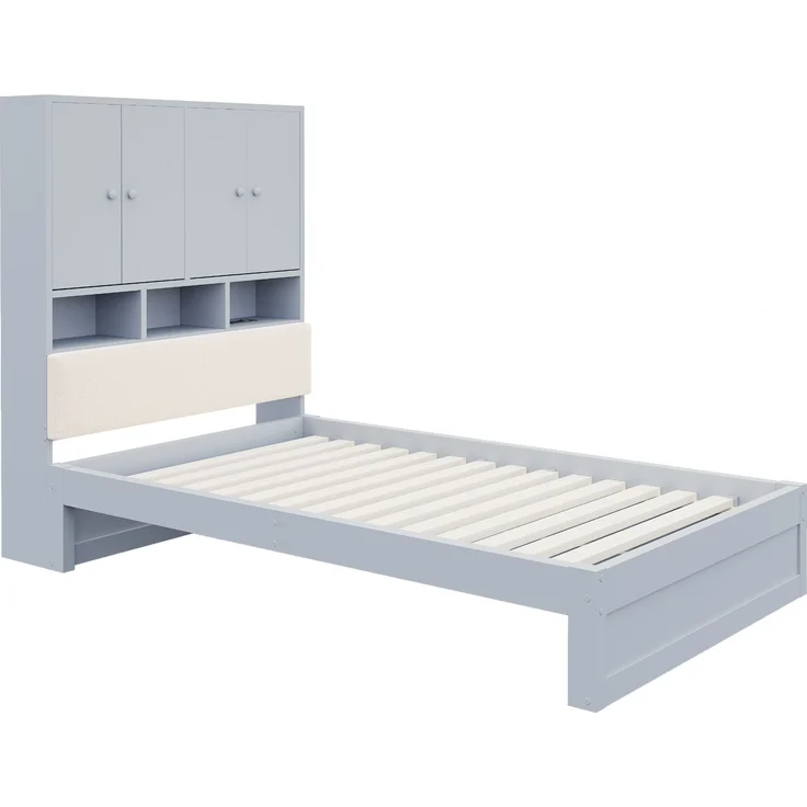 Multifunktionales Holzbett, 90 x 200 cm, mit gepolsterter Rückenlehne, Kopfteil mit Stauraum, Ablagefächern, LED-Beleuchtung und Steckdose, mit Schublade und Lattenrost, Einzelbett, Jugendbett, Grau – Bild 10
