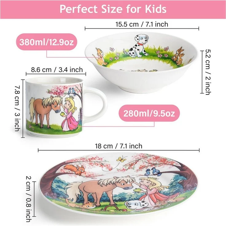 MiaMio Kindergeschirr-Set 3er-Set Kindergeschirr/Porzellan inkl. Teller, Schüssel und Tasse Prin (3-tlg), 1 Personen, Porzellan