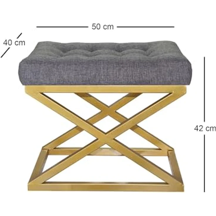 Atelier Del Sofa Stylish Pouffe with Metal Frame, 50 cm Width, 42 cm Height, 40 cm Depth | Luxurious Grey Polyester Velvet & Gold Accents | Perfect for Modern Living Spaces – Bild 2
