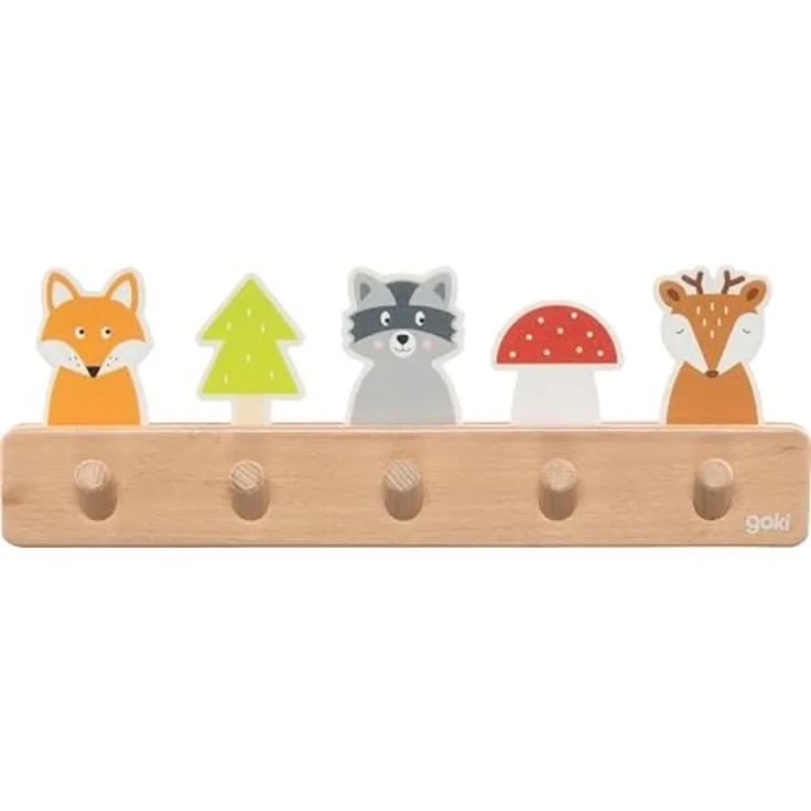 goki 60662 - Garderobe Waldfreunde aus Holz, Kindergarderobe mit 5 Haken, Niedliche Waldmotive Fuchs, Waschbär, Reh, Hakenleiste für Kinderzimmer, Fördert Ordnung und Selbstständigkeit, ab 1 Jahr