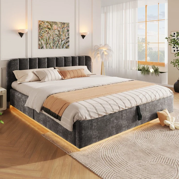 Polsterbett mit LED-Beleuchtung und Stauraum, 180x200 cm, gepolsterter Kopfteil, Doppelbett, Stauraumbett, Chenille – Bild 3