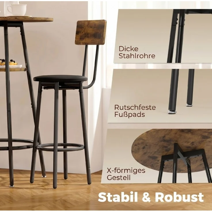 Bartisch-Set 60×60×91 cm für 2 Personen mit Ablage und gepolsterten Barhockern – rustikalbraun – Bild 6