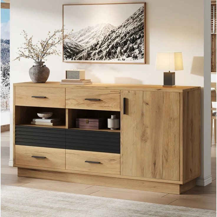 DESVIAE Sideboard Eiche aus MDF – 140x70x35 cm – 6 Schubladen, 1 Tür – Bild 3