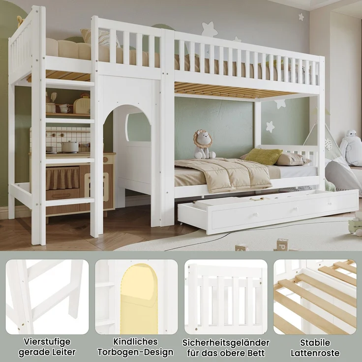 Etagenbett mit Regal, Schrank, Lattenrost und Treppe, 90x200cm, Kinderbett mit Rausfallschutz, Hochbett, Kiefer – Bild 4