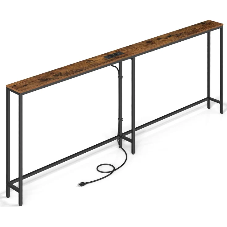 VASAGLE Konsolentisch mit Ladestation, schmaler Sofatisch, Flurtisch, 2 Tischplatten, einfache Montage, für Flur, Wohnzimmer, 15 x 200 x 80 cm, vintagebraun-Mattschwarz LNT077K102