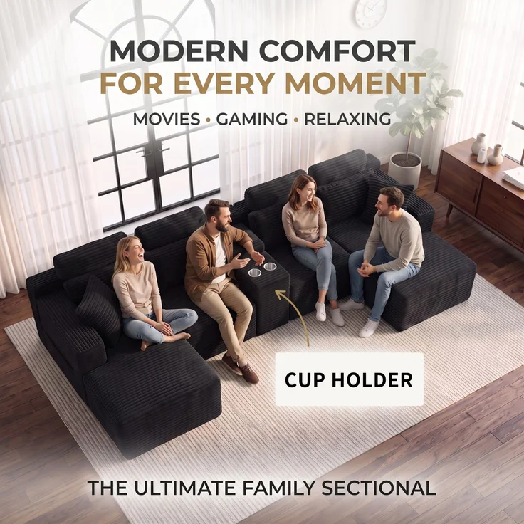 ZUBALIYA Boneless Compression Sofa, U-förmiges modulares Sofa mit integrierten Becherhaltern, Schwarz, 372 x 151 x 80 cm – Bild 15