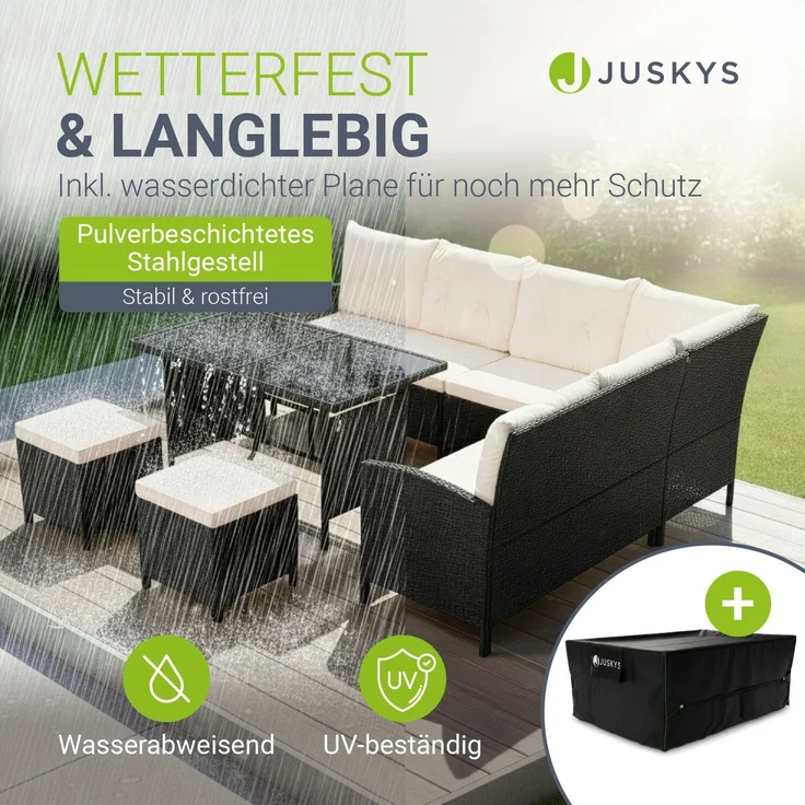 Juskys Polyrattan Lounge Manacor schwarz – Gartenlounge mit Sofa, Tisch, 2 Hocker & Kissen, inkl. Abdeckung – Gartenmöbel Set bis 8 Personen – Sitzbezüge in Creme – Bild 2