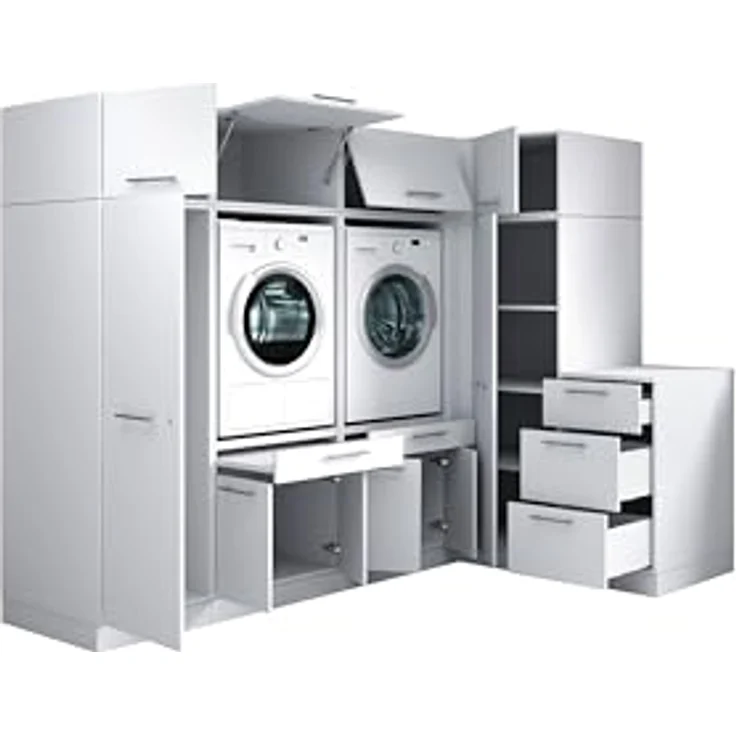 Laundreezy Waschraum Komplett-Set, Weiß - Modulares Schranksystem für Waschküche & Hauswirtschaftsraum - 253 x 200 x 68 cm (B/H/T) – Bild 4