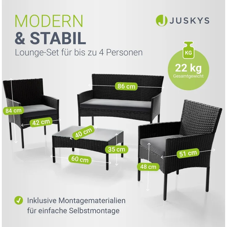 Juskys Polyrattan Gartenmöbel-Set Fort Myers schwarz inkl. Abdeckung – Sitzgruppe mit Tisch, Sofa & 2 Stühlen - Balkonmöbel für 4 Personen mit grauen Auflagen – Bild 6