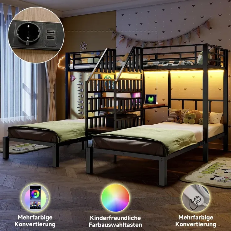 Etagenbett mit 3 Liegeflächen, Lattenrost, Rausfallschutz, Nachttisch, Treppe, Steckdose, USB, LED, 90x200cm, Kinderbett, Metallbett – Bild 4