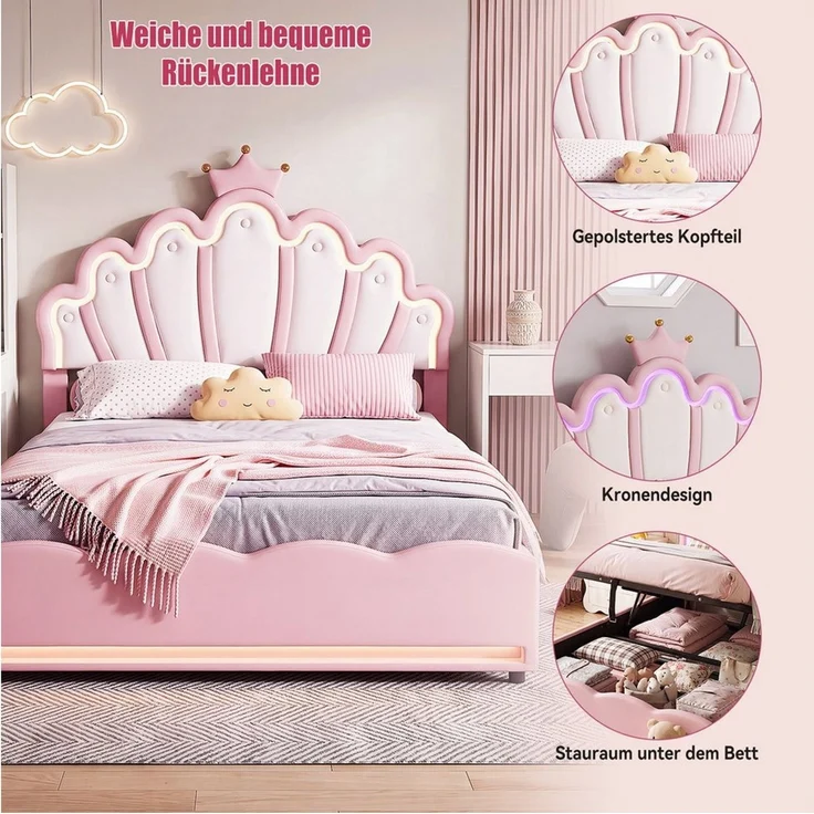 oyajia Polsterbett LED Kinderbett mit krone-Form Prinzessinnenbett (PU-Leder material Polsterbett mit Lattenrost und verstellbares gepolstertes Kopfteil), Modernes Jugendbett, Leises Design, Einfach zu montieren und stabil – Bild 2