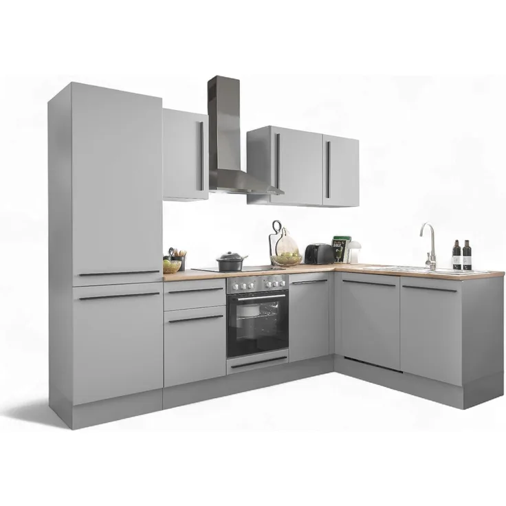 Stella Trading Denver Moderne Eckküche ohne Elektrogeräte in Grau, Lancelot Eiche Optik - Geräumige Küchenzeile in L-Form mit viel Stauraum - 280 x 211 x 60 cm (B/H/T)
