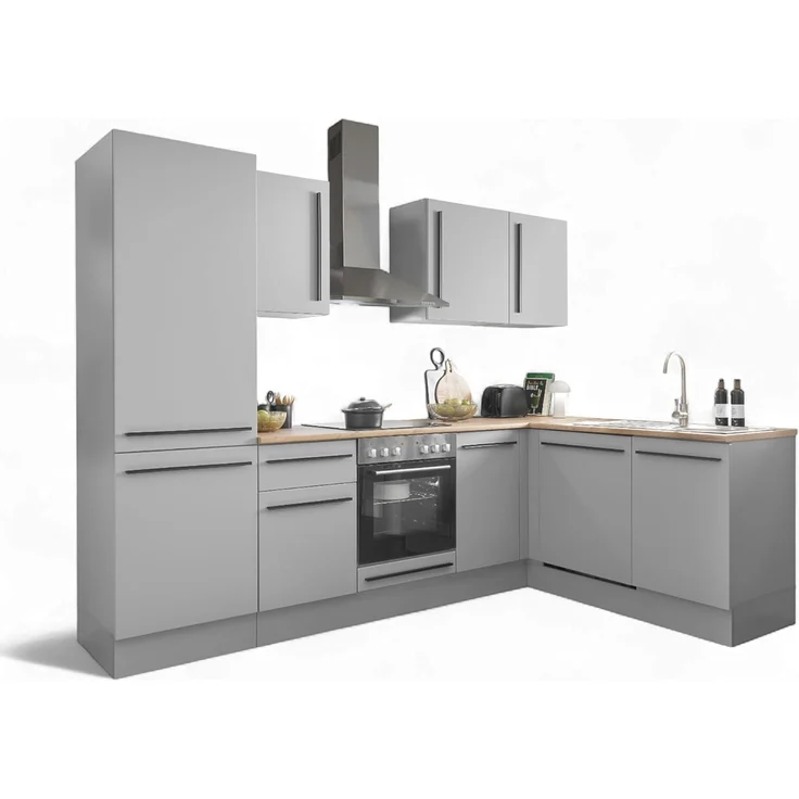 Stella Trading Denver Moderne Eckküche ohne Elektrogeräte in Grau, Lancelot Eiche Optik - Geräumige Küchenzeile in L-Form mit viel Stauraum - 280 x 211 x 60 cm (B/H/T)
