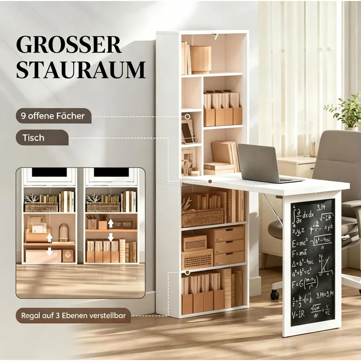 Klappbarer Schreibtisch 98x51x153 cm mit 9 Regalfächern und Schreibtafel – Bild 5
