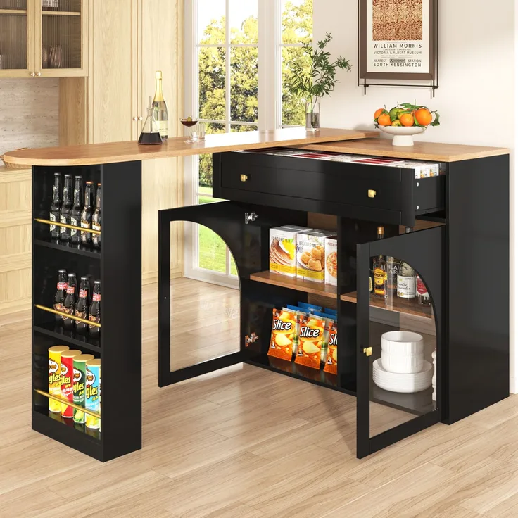 Ausziehbarer Bartisch Schwarz 138–204 cm, 360° drehbar, Sicherheitsglas, dreistufiges Seitenregal, verstellbare Regalbretter, 104cmx138-204cmx39cm