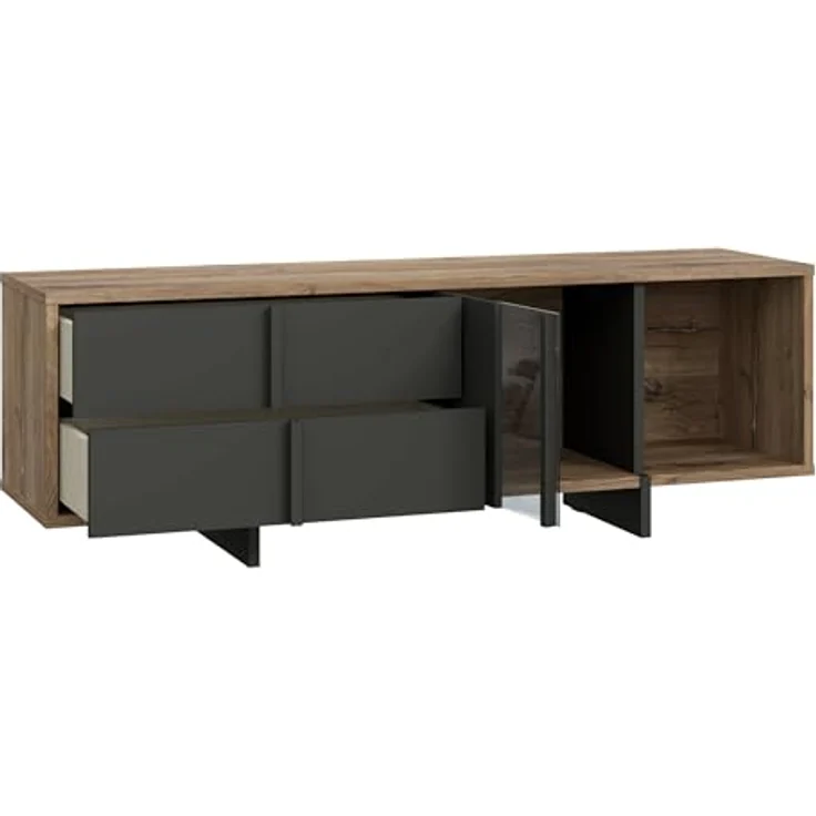 Forte JOKKAZ TV-Schrank 160, TV-Lowboard, 1 Tür, 2 Schubladen, Wohnzimmer, Holzwerkstoff, Flagstaff Eiche Holzdekor/Schwarz, 159,6 cm breit x 53,7 cm hoch x 42,0 cm tief – Bild 7