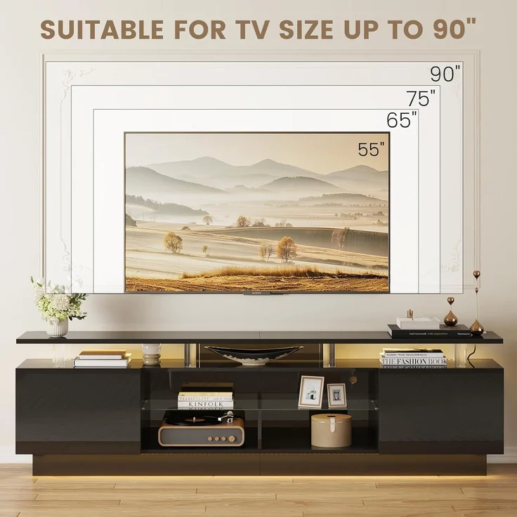 Aoxun 200 cm Fernsehstand, mit 2 Seitenkabinett, Moderner Stilvoller TV-Console mit LED Leuchten, Gaming-Fernseh-Medienconsole mit Verstellbarem Glasregal, Fernbedienung & APP-Steuerung, Schwarz – Bild 7