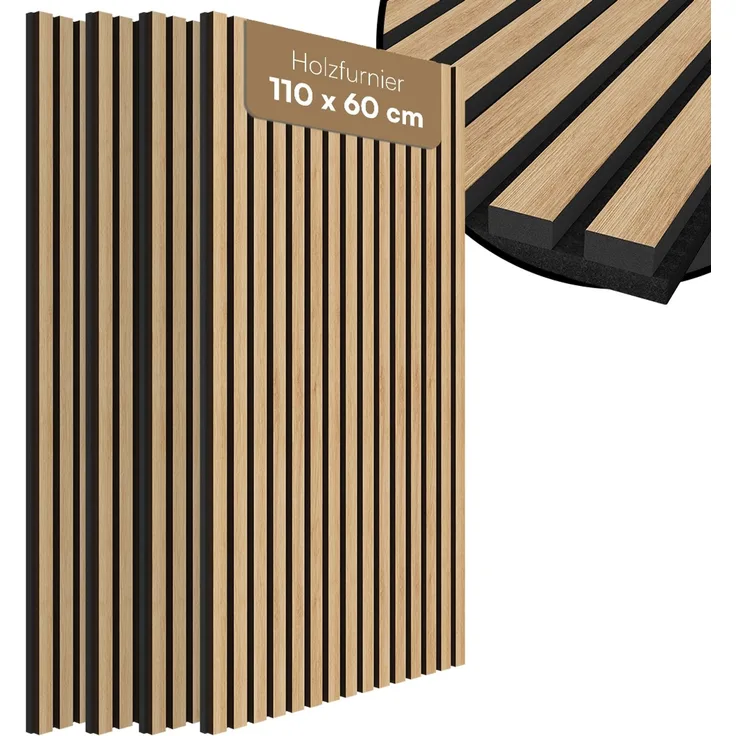 Bellamio 'Kilwa' 3D Akustikpaneele, Holzoptik Eiche, Echtholzfurnier und MDF, 110x60x2,1 cm, Wandpaneele mit Schallschutz, 4er Set