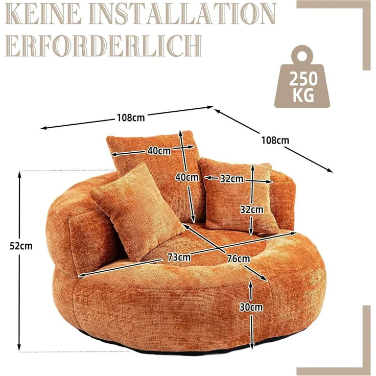 Couch Boneless Lounger Sitzsack Chenille 3 Kissen Orange – Bild 2
