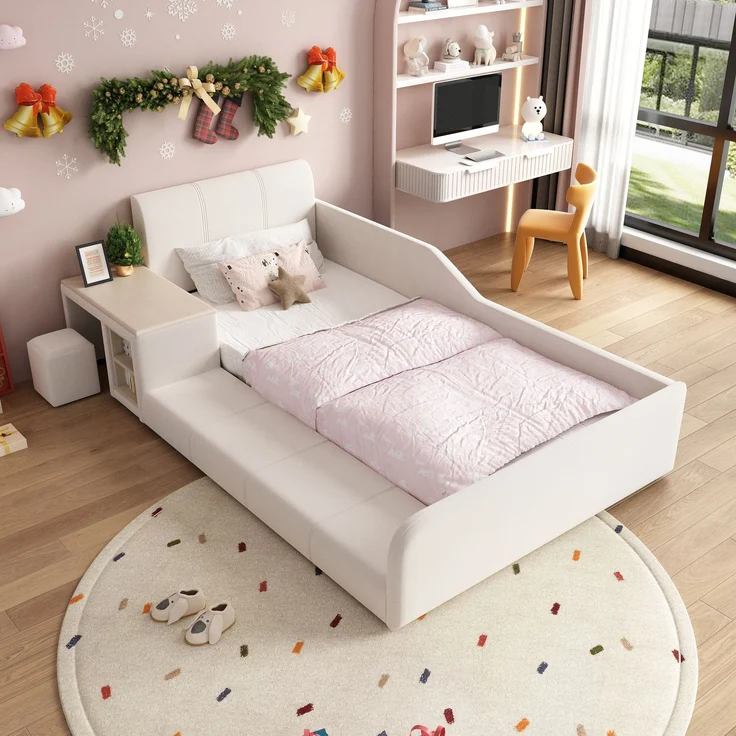 Polsterbett, Einzelbett mit Kinderschreibtisch und Hocker, Mit Ablageboden, Weiches Kopfteil, Kinderbett mit Holzlatten, Samt, Weiß, 90x200 cm – Bild 1