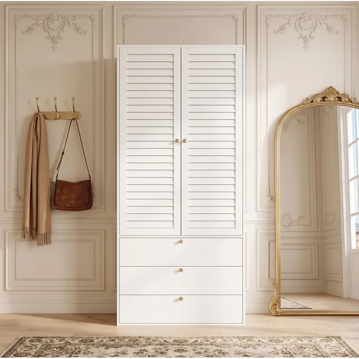 CHICFURN Kleiderschrank 90x200x50 cm aus Holzwerkstoff mit Lamellentüren und 3 Schubladen – Weiß – Bild 3