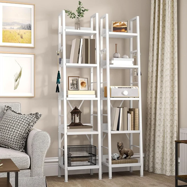 YITAHOME Schmal Bücherregal mit 5 Ebenen 35 cm Breit, Industrielles Leiterregal Standregal Holzregale und Metallrahmen, Modernes Regal für Wohnzimmer, Büro, reinweißes – Bild 5