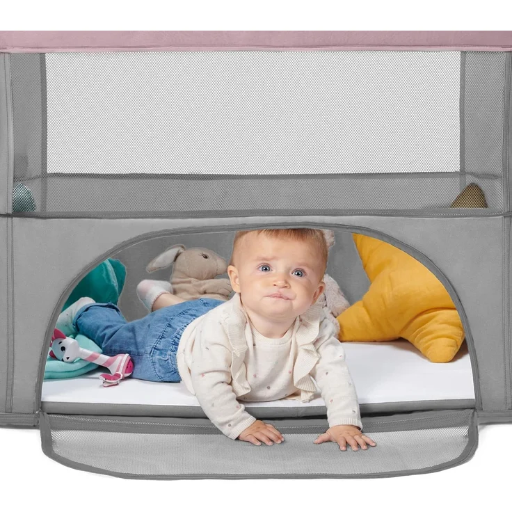 kk Kinderkraft Kinderkraft Reisebett 2 in 1 MOVI, faltbares Kinderbett, Laufgitter, Separater Eingang, 2 Matratzenhöhen, Zusammenklappe, mit Zubehör, Matratze, Tragetasche, Rosa, Stahl, Aluminium – Bild 10