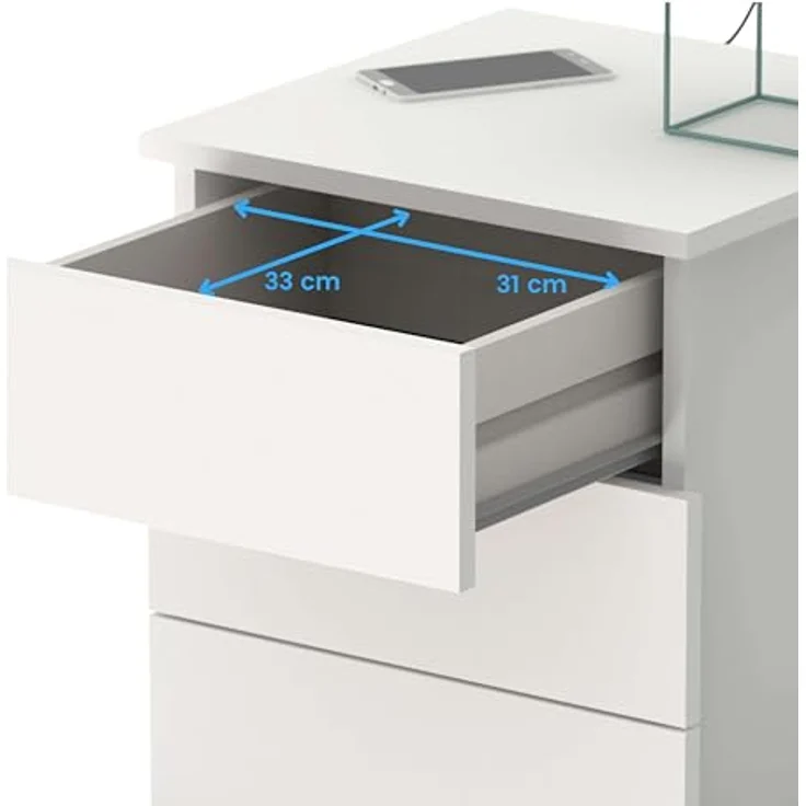 Muebles Pitarch | Nachttisch 3 Schubladen mit Metallführungen, Weiß, 48,5 x 41 x 40 cm (Höhe x Breite x Tiefe), Kleine Kommode, Modern, Modell Dana – Bild 10