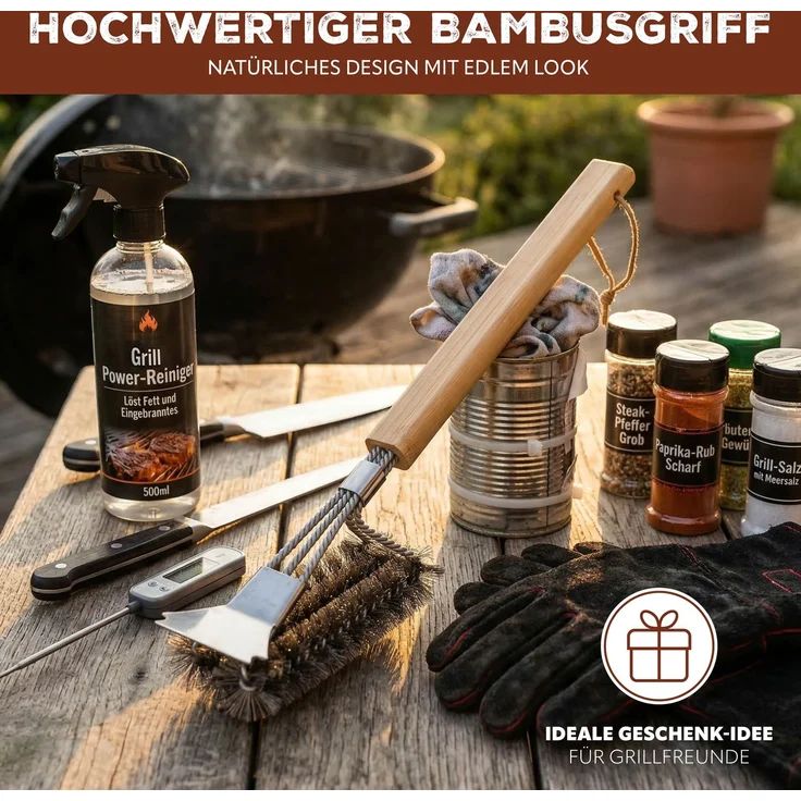 eluno Grillbürste, Edelstahl mit Bambusgriff, ca. 7 x 40 cm (B/H) – Bild 5