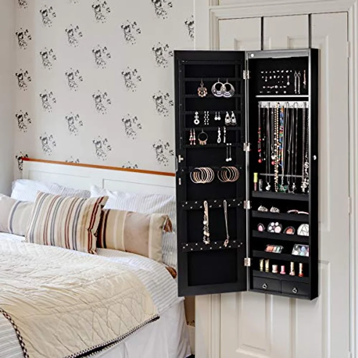 COSTWAY Schmuckschrank mit LED Beleuchtung, Schmuckregal haengend mit Spiegel, abschliessbar mit Schlüsseln, 120 cm hoch, schwarz – Bild 3