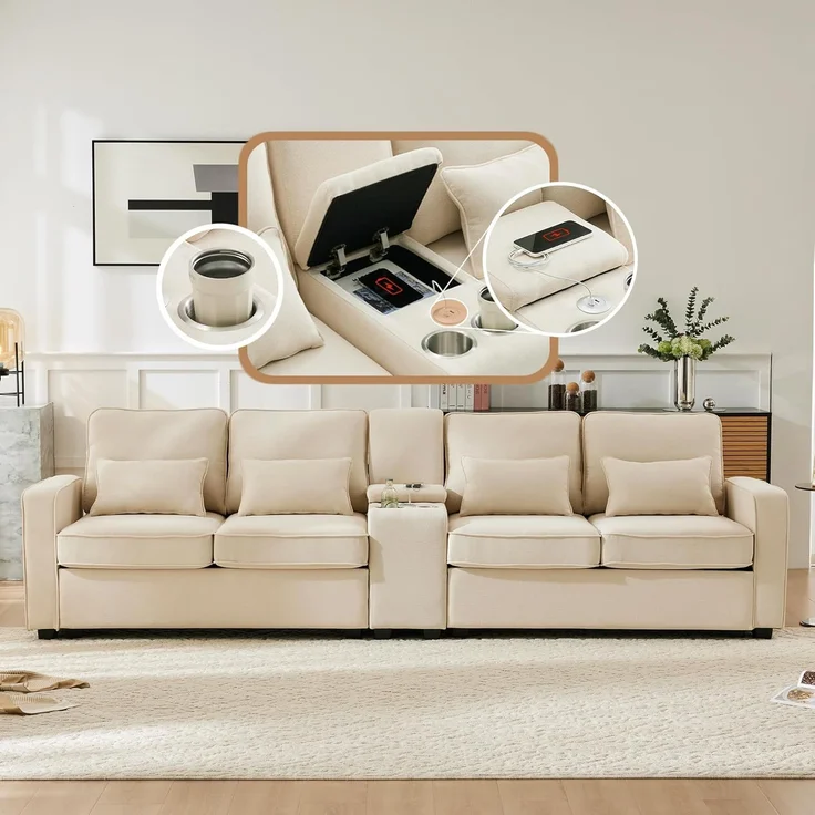 Ball & Cast Sofa mit 2 Getränkehaltern und 2 USB-Anschlüssen, Couch mit Schlaffunktion für Wohnzimmer, Wohnung, Büro, 290 x 83 cm, Beige – Bild 4
