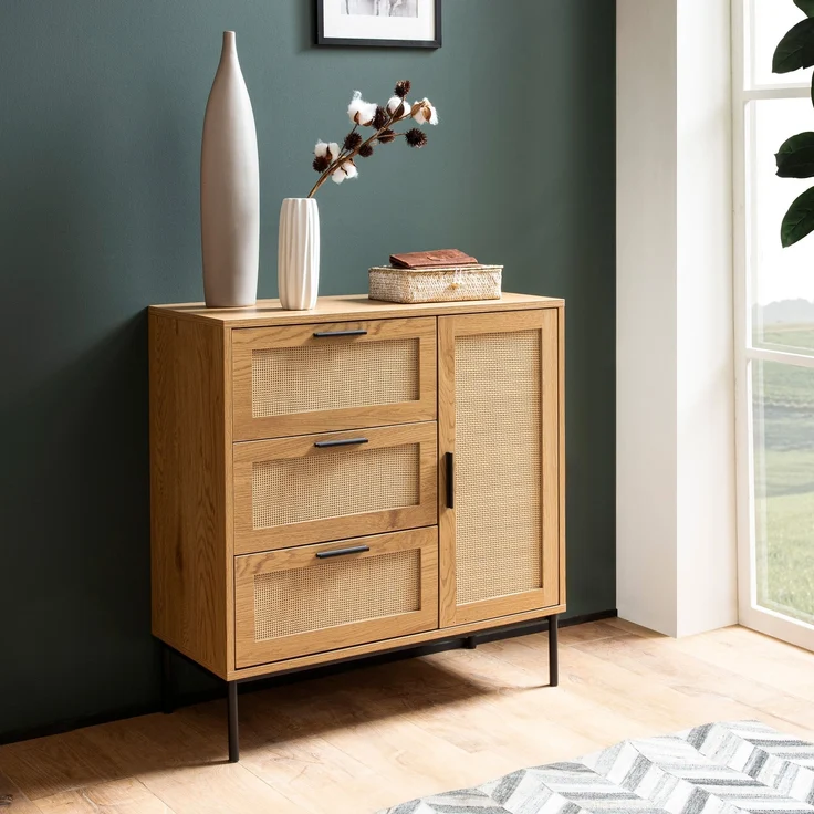 FINEBUY Kommode FB104164 (80 cm Anrichte, Eiche Rattan Stauraum Schublade), Kommode Tür Modern, Hoher Kommodenschrank – Bild 1