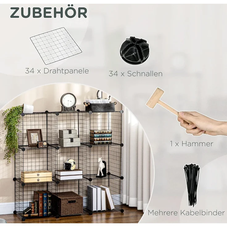 HOMCOM Steckregal Steckregal aus Stahldraht, DIY Würfelregal, 9 Fächer, Schuhregal 9-tlg, Schwarz, 35 x 35 x 35 cm je Würfel – Bild 6