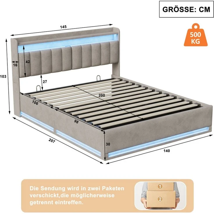 Simurq Polsterbett Bett 140x200 cm Stauraumbett mit LED Beleuchtung (1-tlg, USB + Type-C, Hydraulisches Bett mit Stauraum), Doppelbett, Bettgestell mit Bettkasten und Lattenrost, Samt – Bild 2