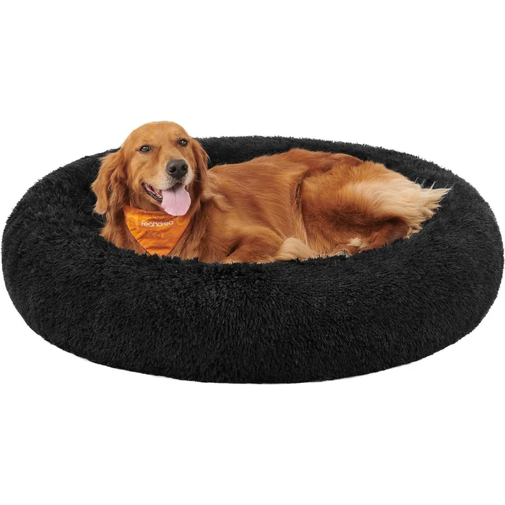 Feandrea Hundebett flauschig, Katzenbett, Donut Kissen, waschbar, Polsterung in der Mitte herausnehmbar, Langer Plüsch, 120 cm Durchmesser, tintenschwarz PGW043B01 – Bild 1