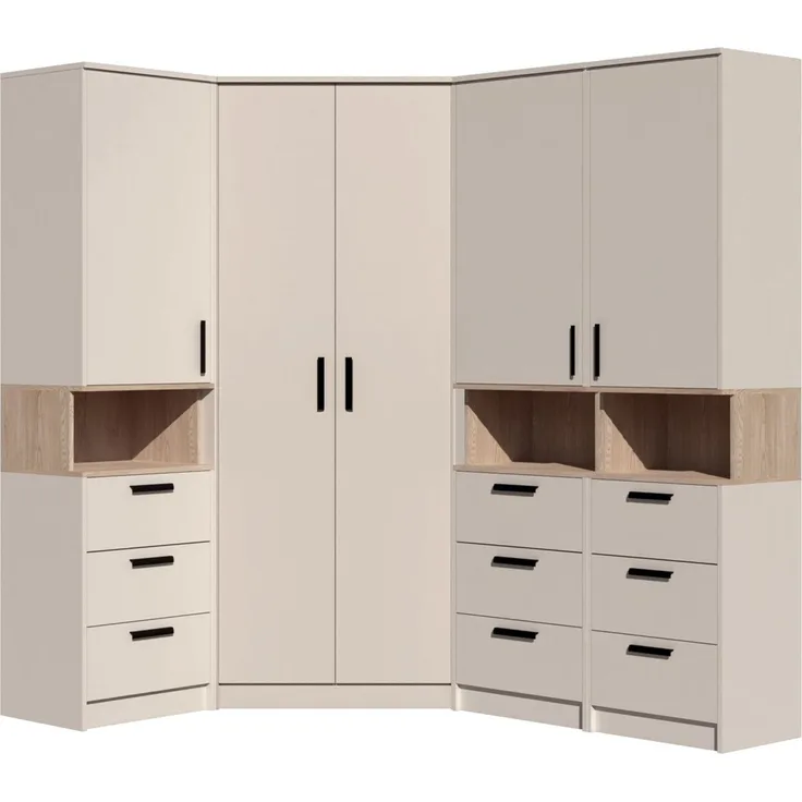 Marmex Möbel Grant Set-42C Garderobenset mit Regalen und Schubladen für Kleidung, Schrankset für das Schlafzimmer, laminierte Spanplatte, graubeige cashmere+cremona torro 143/195x195x40 cm
