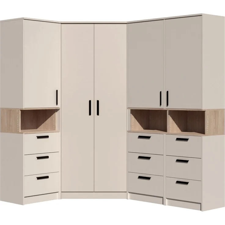 Marmex Möbel Grant Set-42C Garderobenset mit Regalen und Schubladen für Kleidung, Schrankset für das Schlafzimmer, laminierte Spanplatte, graubeige cashmere+cremona torro 143/195x195x40 cm – Bild 1