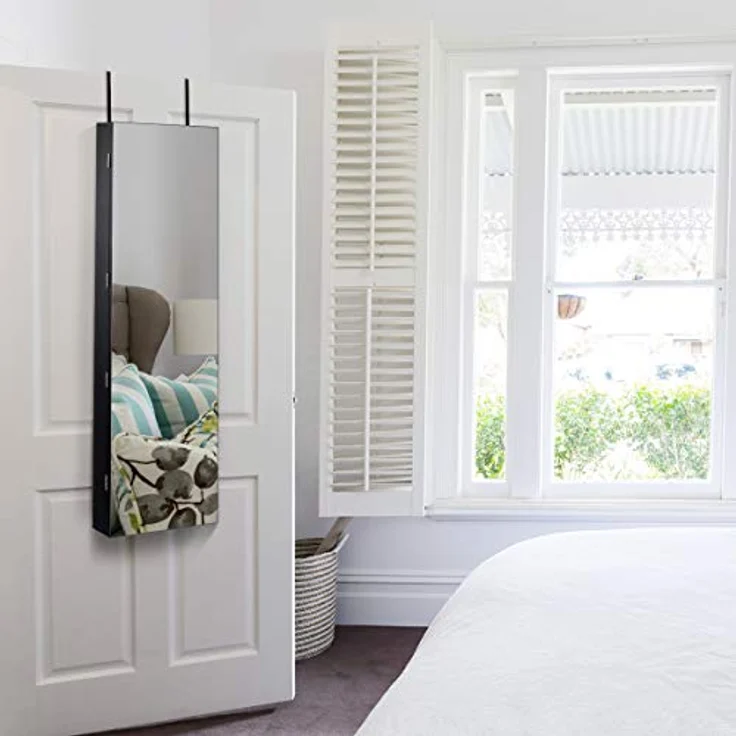 COSTWAY Schmuckschrank mit LED Beleuchtung, Schmuckregal haengend mit Spiegel, abschliessbar mit Schlüsseln, 120 cm hoch, schwarz – Bild 10