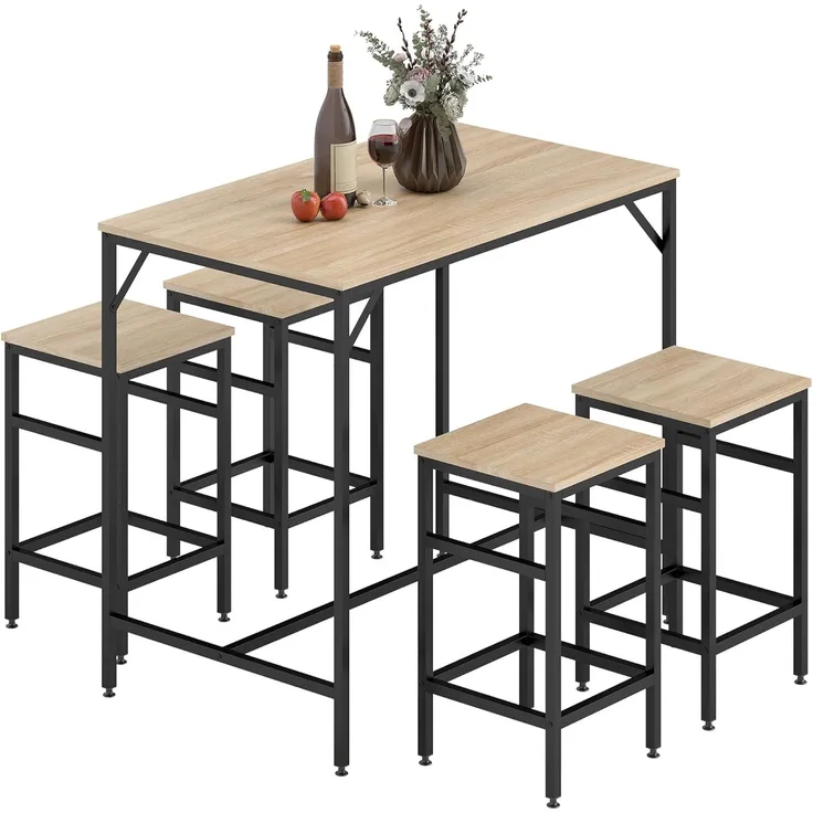 HOMCOM Bargruppe Bartisch mit Barhocker Set 5-teiliges Bartisch-Set Eiche, (5-tlg), Platzsparend