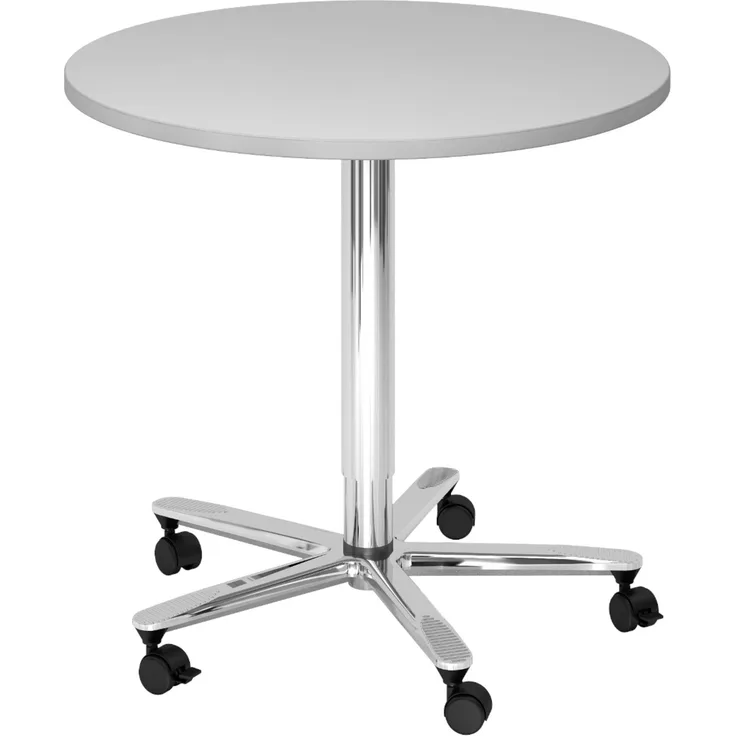 bümö Säulenhubtisch höhenverstellbar, Stehtisch Büro, Bistrotisch rund 80 x 80 cm - Besprechungstisch grau, Stehtisch Holz-Platte, Säule aus Metall verchromt, Säulentisch, Hochtisch, ST08-5-C