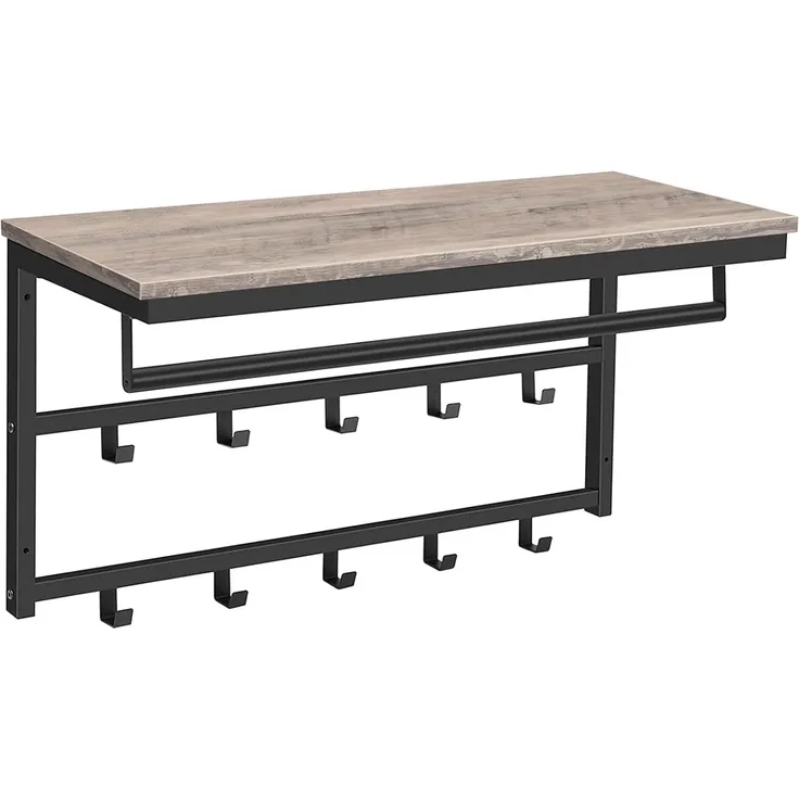 Hoobro Wandgarderobe mit Ablage, Wandregal mit 10 Haken und Stangen, 80 x 30 x 42 cm, Wandmontiertes Hängeregal für Flur, Wohnzimmer, Schlafzimmer