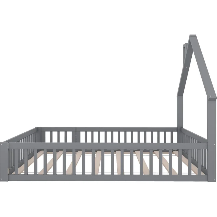 Kinderbett 140x200 cm mit Schornsteinform, Hausbett mit Sicherheitsgitter, Holzbett für Kinderzimmer, Jugendbett, Bettgestell,Grau – Bild 9