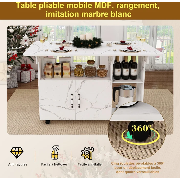 Rechteckiger klappbarer mobiler Esstisch 110x70x80 cm, multifunktional mit 5 Ablageböden und 5 Lenkrollen (4 feststellbar), platzsparend für Küche, Wohnung, Büro, Studentenheim, Weißmarmoroptik--Weiß--110x70x80cm--YOUDENOVA – Bild 8