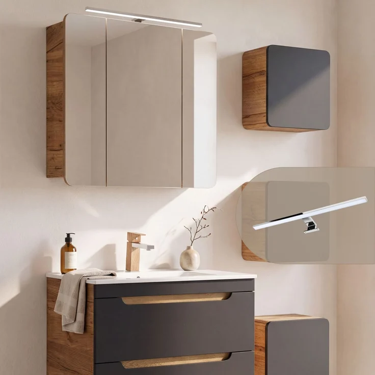 Badmöbel Set in seidenmatt anthrazit mit Wotan Eiche Nb. NEW-LUTON mit 81 cm Keramik-Waschtisch & LED-Spiegelschrank, B/H/T ca. 130/200/46 cm – Bild 4