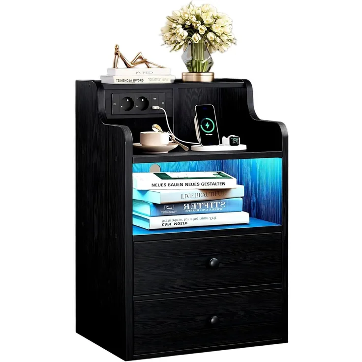 IRONCK LED Nachttisch mit Steckdose, Beistelltisch Holz mit Ladefunktion, Nachtschrank mit 2 AC, 1 USB& 1 Type-C Anschlüsse, Sofatisch mit 2 Schubladen für Wohnzimmer,Schlafzimmer, 45 x 30 x 70 cm Schwarz